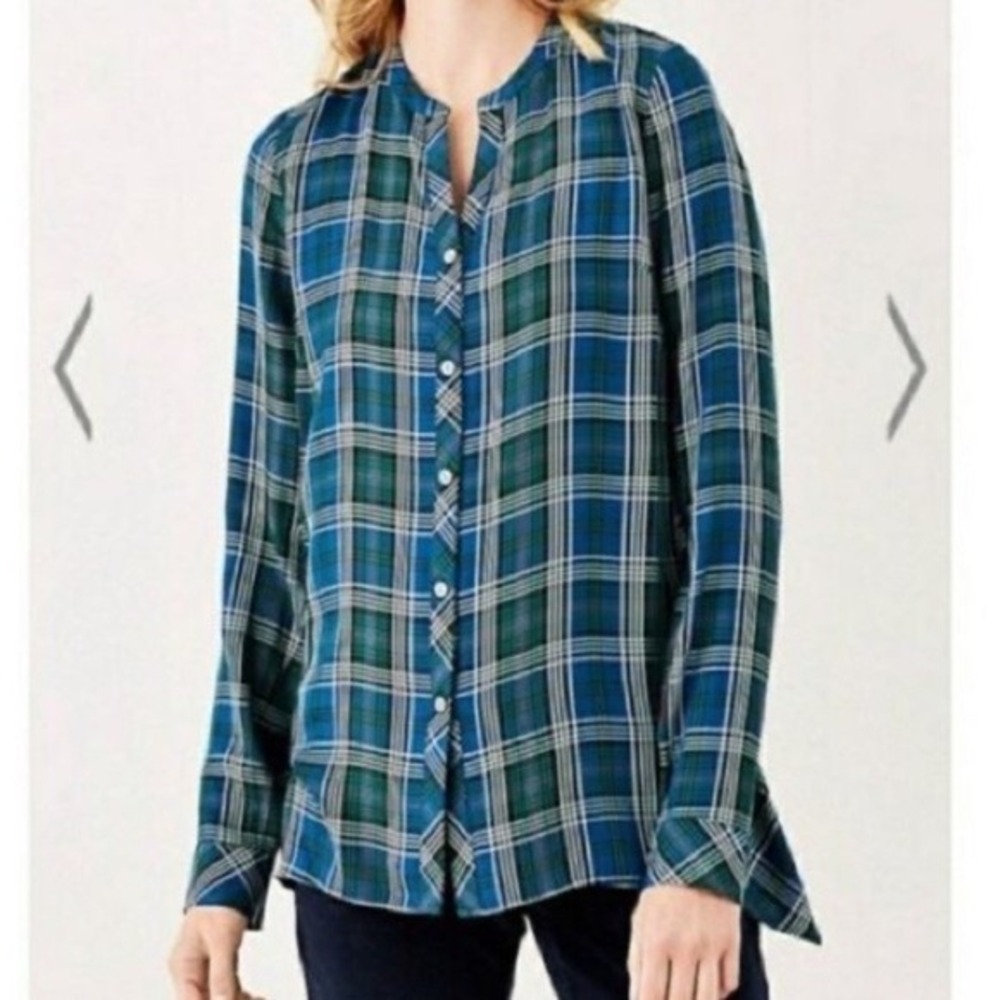 J. Jill Plaid Button Down Shirt Rayon Long Sleeve Top Petite L Soft Relaxed‎